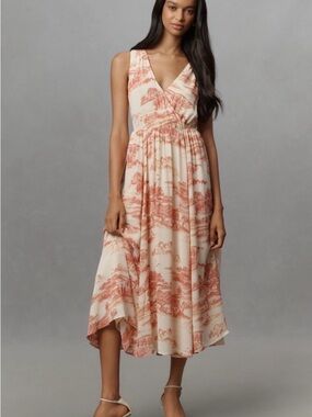 Reformation Cream and Coral Toile V-Neck Midi Dress